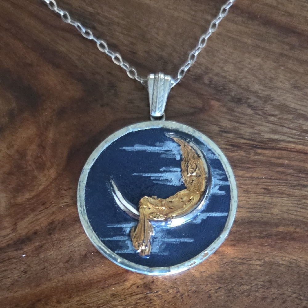 Vintage Czech Glass Button with Gold Lady on a Silver Crescent Moon Necklace 18"
